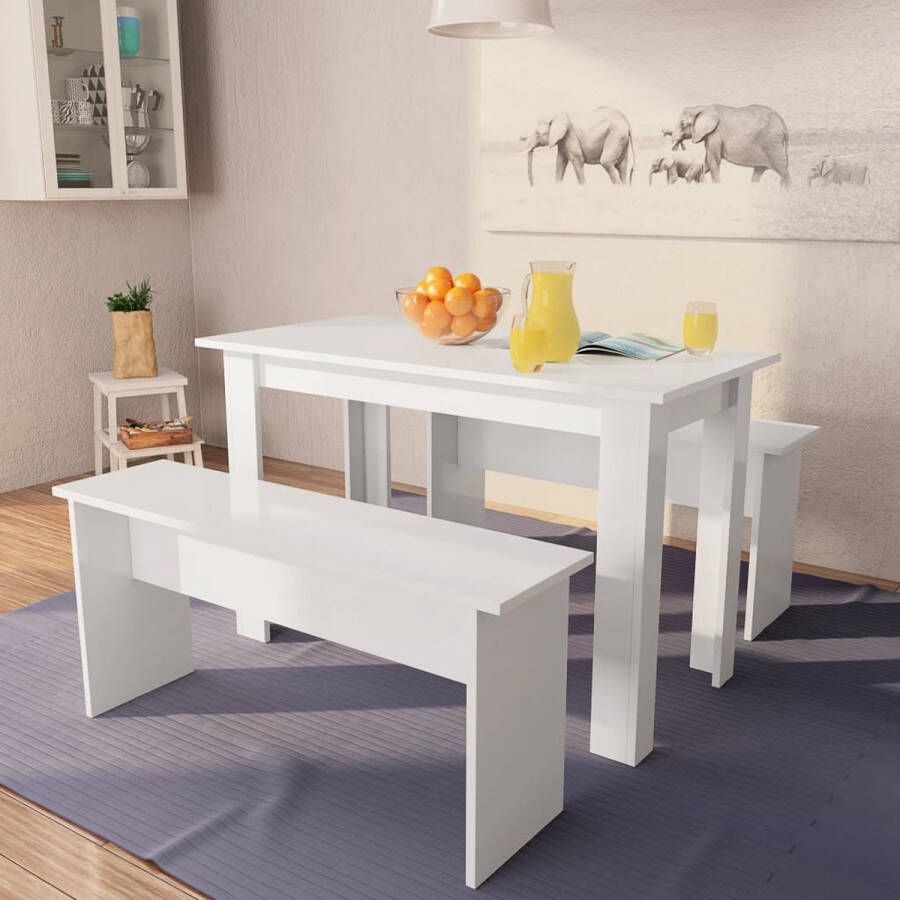 The Living Store Eethoek Tafel en 2 banken Matwit Afmetingen- 120x59x76cm en 110x29x50cm Spaanplaat en PVC-randen Eetkamerstoel Eettafel Houten Meubels Witte Meubels Moderne Eettafels