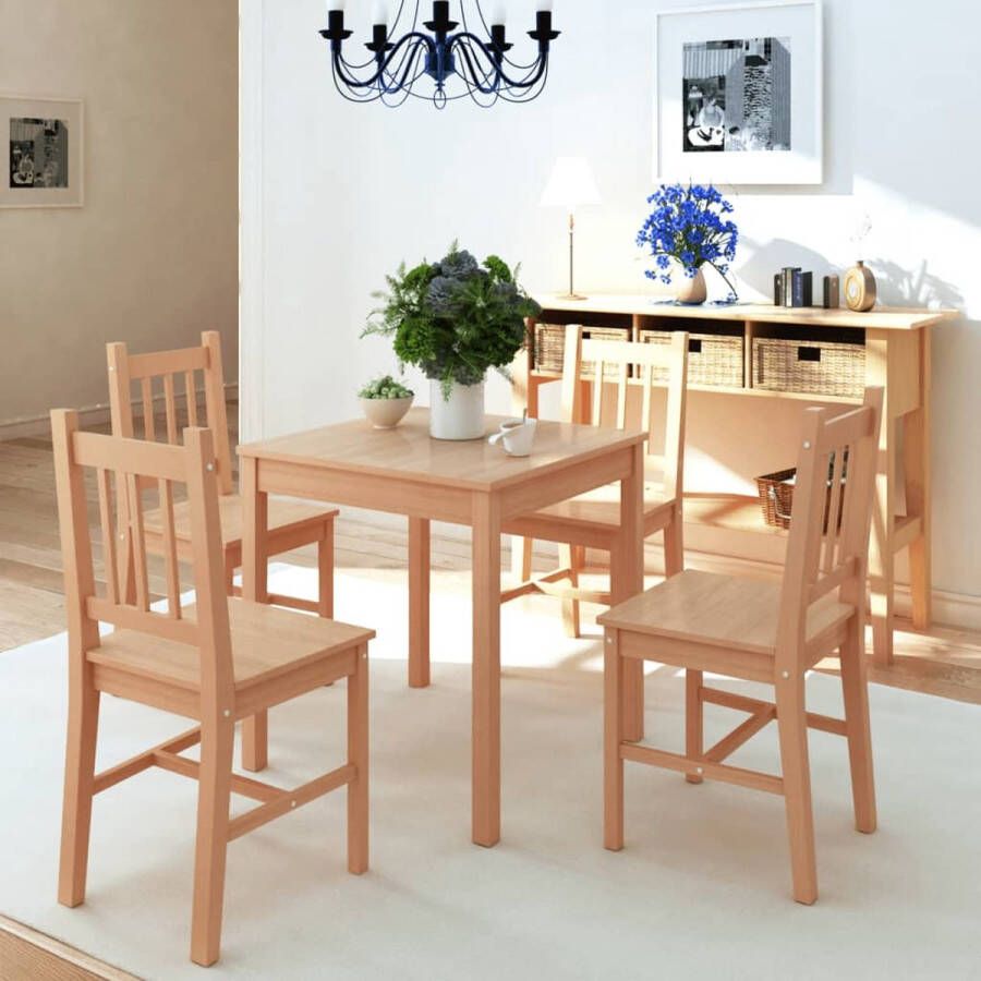 The Living Store Eethoek Tafel en 4 Stoelen Grenenhout 70x70x73.8 cm Bruin Eetkamerset Eettafel Stoelen Grenenhout Bruin