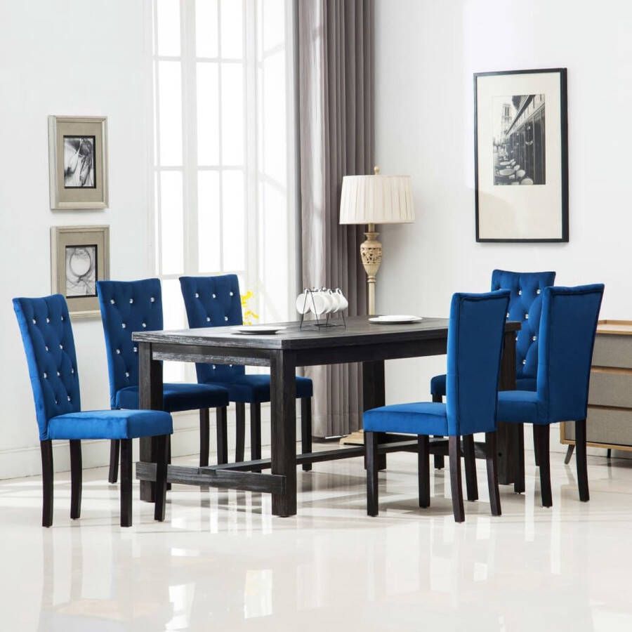 The Living Store Velvet Dining Chairs Set van 6 Donkerblauw 43x51x98 cm Kristalvormige knopen Massief houten frame - Foto 2