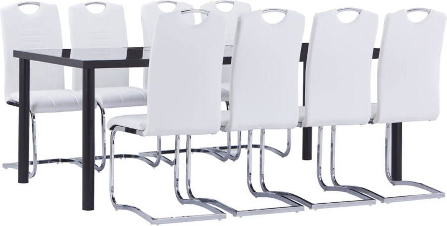 The Living Store Eetset Tafel 200x100x75 cm (LxBxH) Gehard glas en metaal Stoelen 42x52x100 cm (BxDxH) Kunstleren bekleding Wit 8 stuks Eetkamerset Eettafels Dining Chairs Salontafel Meubels - Foto 2