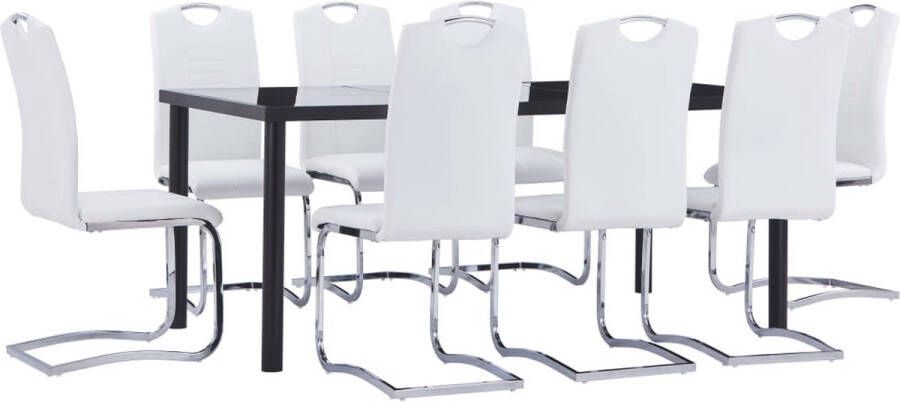 The Living Store Eetset Tafel met Gehard Glas Zwart metaal 180 x 90 x 75 cm Eetstoelen met Kunstleren bekleding Wit 42 x 52 x 100 cm 8 stuks Eetkamerset Eettafel Eetkamerstoelen Zwarte Eettafel Witte Eetkamerstoelen - Foto 2