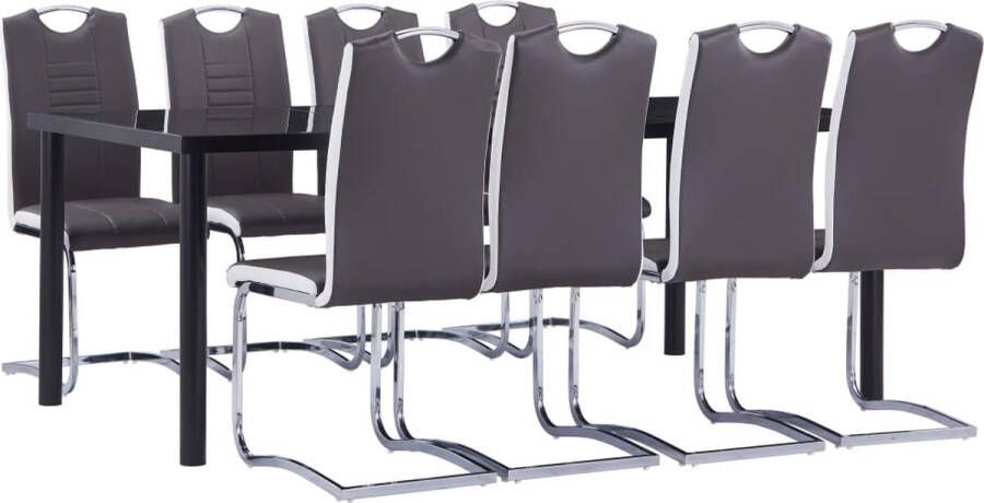 The Living Store Eetset Tuin zwart Gehard Glas Metaal 200x100x75 cm Grijs Kunstleer Staal 42x52x100 cm Eetkamerset Eettafel Tuinset Zwarte Eettafel Grijze Eetkamerstoelen - Foto 2