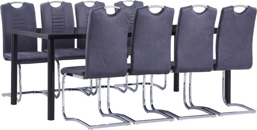 The Living Store Eetset Zwarte tafel 200x100x75 cm Gehard glas en metaal Grijs kunstsuède 8 tuinstoelen Met handvat Eetkamerset Zwarte Tafel Grijze Stoelen Eettafel Tuinset - Foto 2