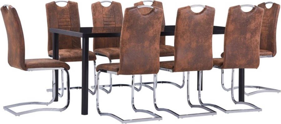The Living Store Eettafelset Zwart Gehard glas en metaal 180 x 90 x 75 cm 8 tuinstoelen Bruin Kunstsuède en staal 42 x 52 x 100 cm Eetkamerset Eettafels Eetzittingen Salontafel Dining Set - Foto 2