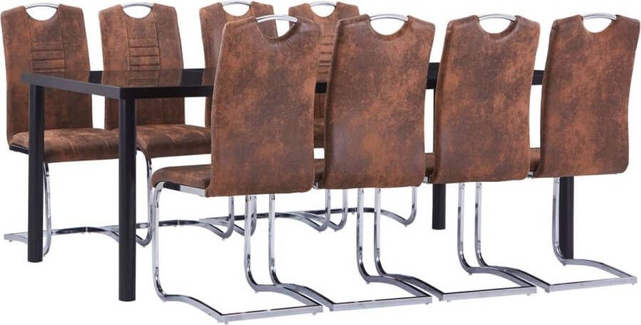 The Living Store Eettafelset zwart gehard glas en metaal 200x100x75 cm bruin kunstsuède 8 tuinstoelen Eetkamerset Eettafel Eetkamerstoelen Zwarte Eettafel Houten Eettafel - Foto 2