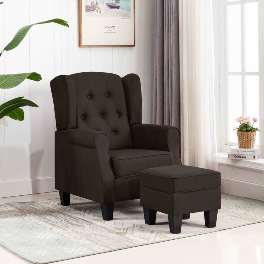 The Living Store Lounge fauteuil Armstoel + Voetenbank Donkerbruin stof 68x78x94cm Stabiel houten frame - Foto 2