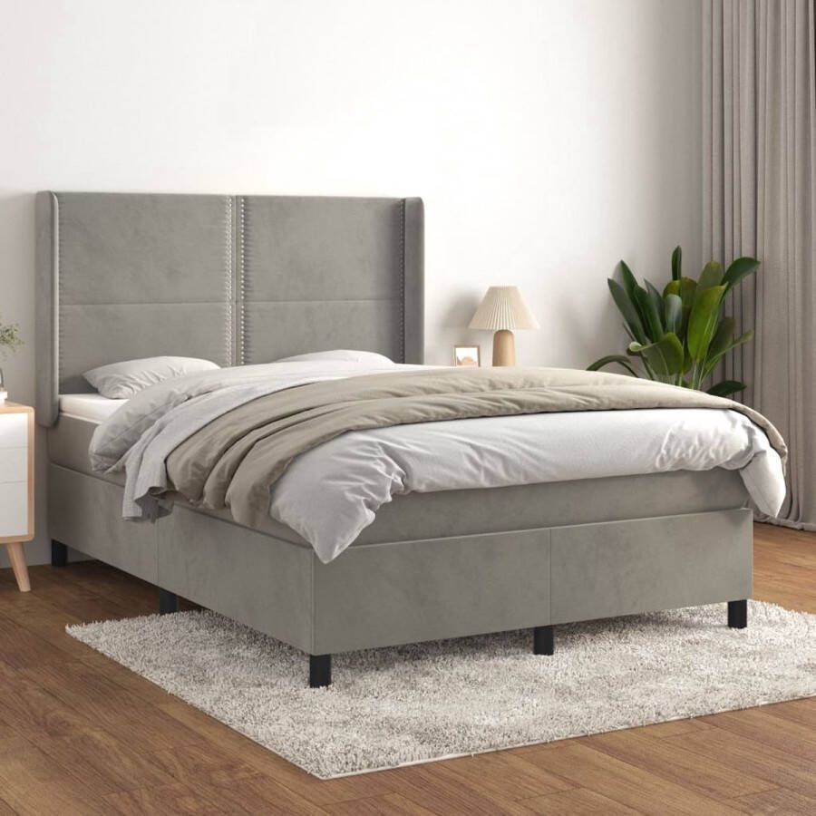 The Living Store Fluwelen Bed Lichtgrijs 193 x 147 x 118 128 cm Pocketvering matras 140 x 190 x 20 cm Bedtopmatras 140 x 190 x 5 cm