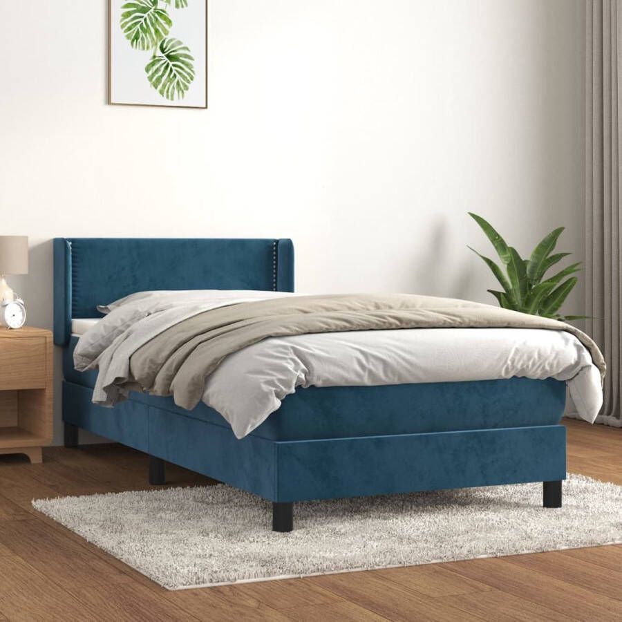 The Living Store Fluwelen Boxspring Bed Donkerblauw 203 x 93 x 78 88 cm Pocketvering matras Middelharde ondersteuning Huidvriendelijk topmatras