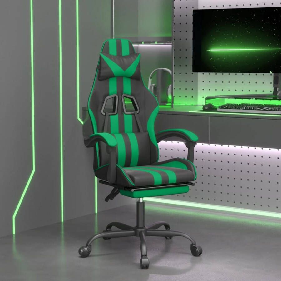 The Living Store Gamestoel draaibaar met voetensteun kunstleer zwart en groen Bureaustoel - Foto 2