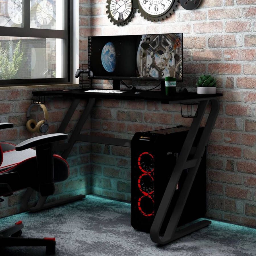 The Living Store Gaming Bureau Ergonomisch Ontwerp Koptelefoonrek Controllerrek Bekerhouder Ruimte voor Monitoren en Game-apparatuur Zwart 90 x 60 x 75 cm - Foto 2