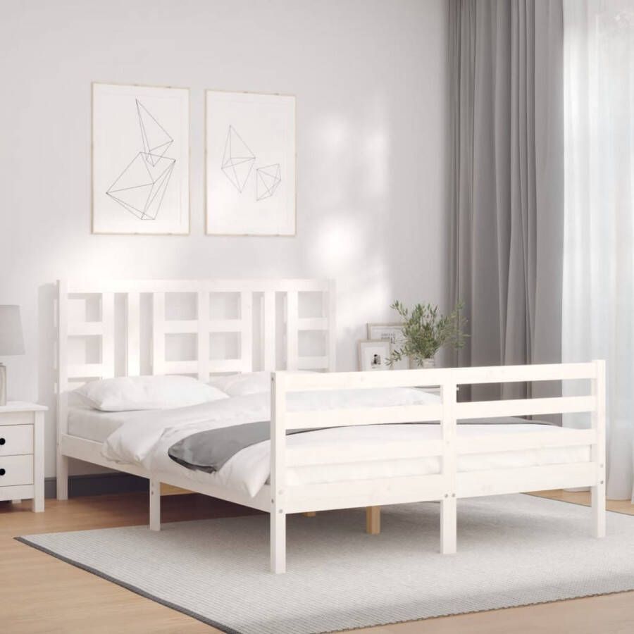 The Living Store Bedframe met hoofdbord massief hout wit 4FT6 Double Bedframe Bedframes Bed Tweepersoonsbed Slaapkamermeubel Houten Bedframe Houten Bed Bedbodem Massief Houten Bedframe Ledikant Bedframe Met Hoofdeinde - Foto 2