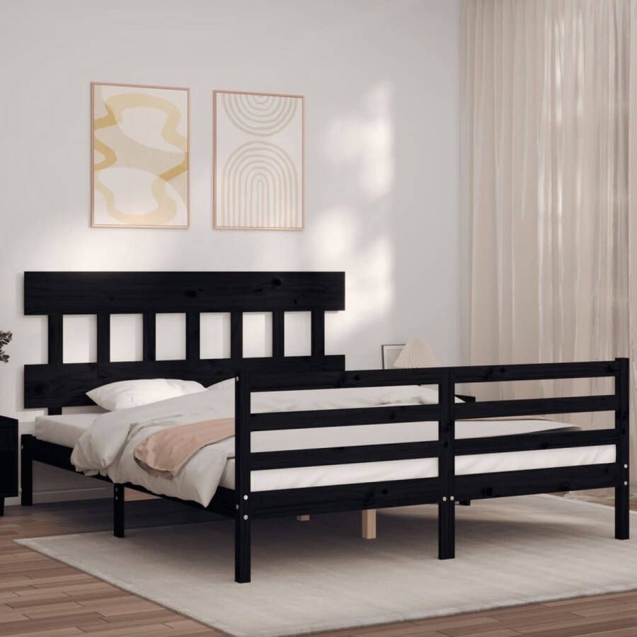 The Living Store Bedframe met hoofdbord massief hout zwart 160x200 cm Bedframe Bedframes Bed Tweepersoonsbed Slaapkamermeubel Houten Bedframe Houten Bed Bedbodem Massief Houten Bedframe Ledikant Bedframe Met Hoofdeinde