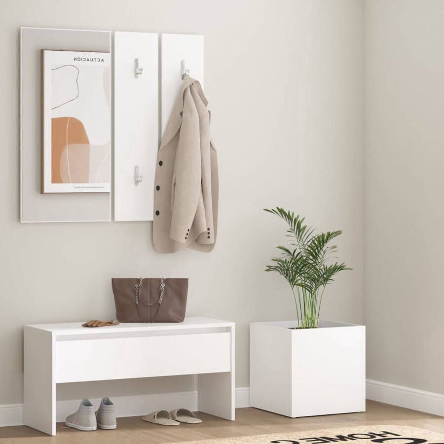 The Living Store Hallway Set White Wood 80 x 30.5 x 40 cm Storage Bench with Mirror Coat Hooks and Plant Box - Foto 2