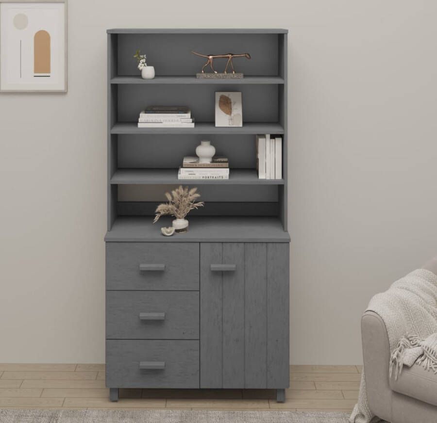 The Living Store Hoge kast HAMAR massief grenenhout donkergrijs Hoge Kast Dressoir Buffetkast Opbergkast Grenenhouten Kast - Foto 3
