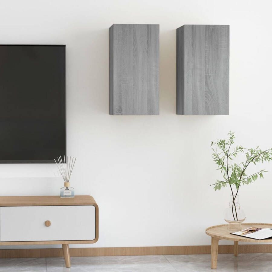 The Living Store Hangend tv-meubel Grijs Sonoma Eiken 30.5 x 30 x 60 cm Bewerkt hout Set van 2 - Foto 2