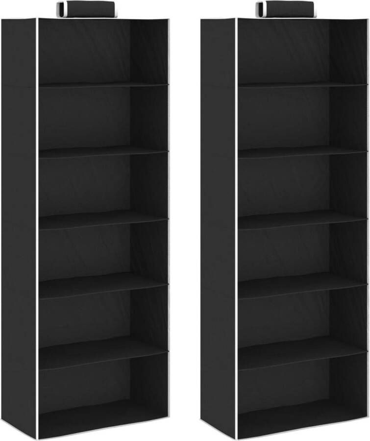 The Living Store Hangende Organiser Kledingkast-organiser Opvouwbaar 30x15x80 cm Zwart en wit 6 schappen 2 stuks Hangende Organizer Kasten Organisatie Kleding Opbergers Stof Organizers Zwarte Organizer - Foto 2