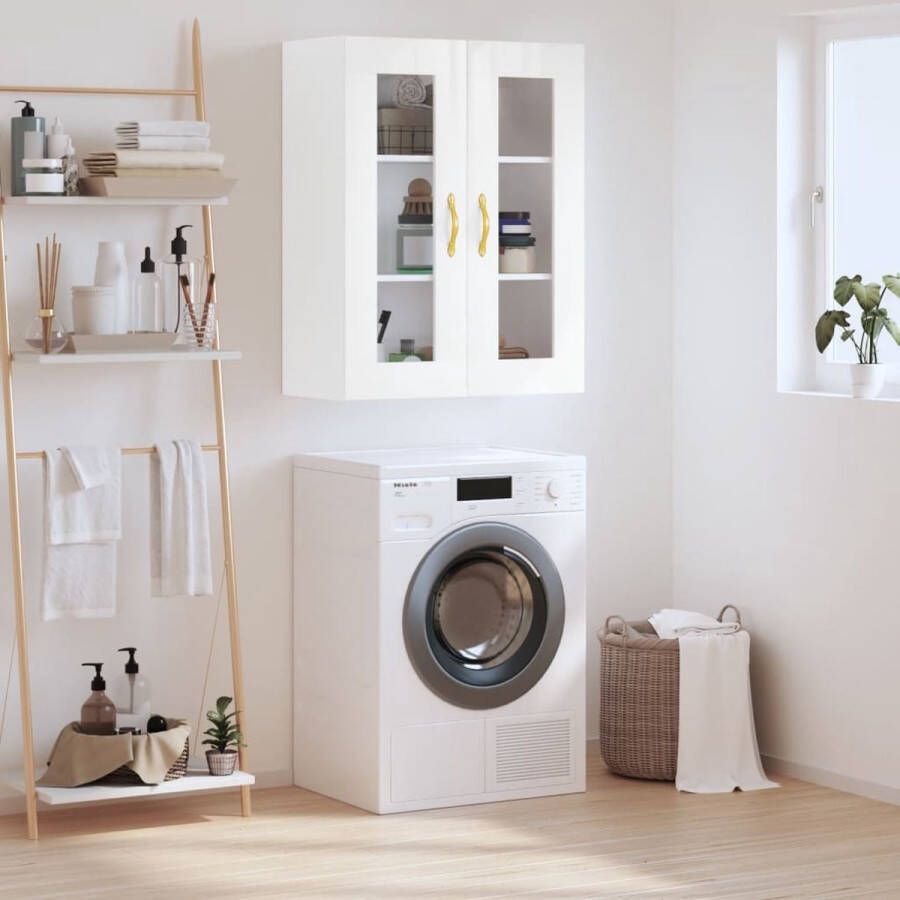 The Living Store Hangkast Wandgemonteerde opbergkast Hoogglans wit 69.5 x 34 x 90 cm Bewerkt hout en glas