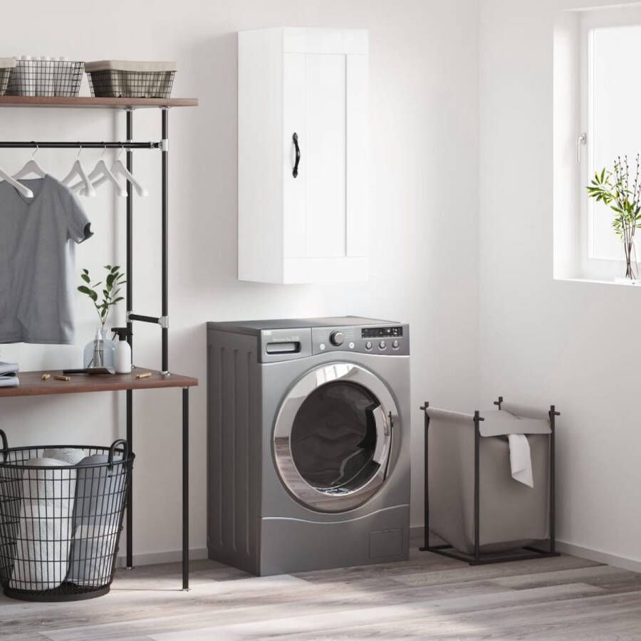 The Living Store Wandkast 34 5x34x90 cm bewerkt hout hoogglans wit Hangkast Opbergkast Wandkast Witte Kast Houten Kast - Foto 2