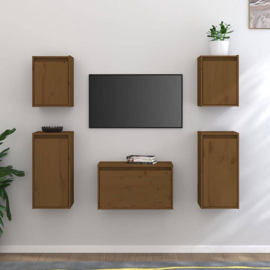 The Living Store Hangkastenset TV-meubelset Massief grenenhout Honingbruin Stevig en praktisch design - Foto 2