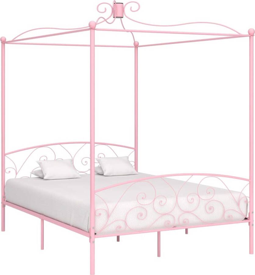 The Living Store Hemelbed Metaal Roze 211x169x227cm Massief en Stevig Geschikt voor 160x200cm Matras Inclusief Lattenbodem Bedhemel Klaar