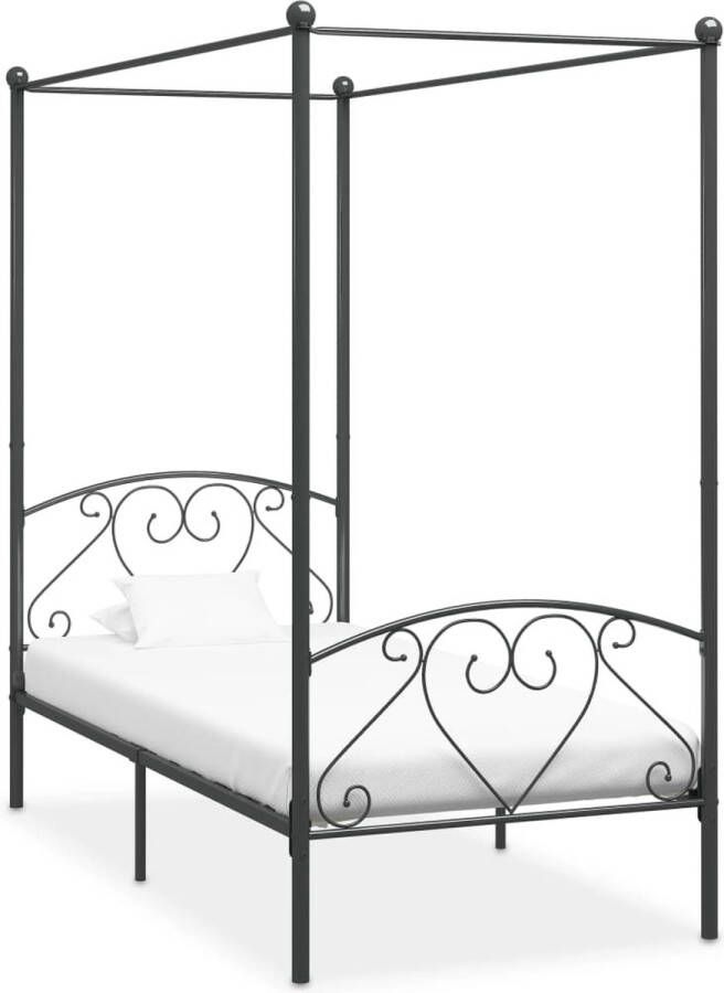 The Living Store Hemelbedframe Grijs Metaal 209 x 107.5 x 198 cm Geschikte matras 100 x 200 cm Inclusief lattenbodem Vereist montage Hemelbed Metalen Bed Grijsslaapkamer Tweepersoonsbed Hoofdbord