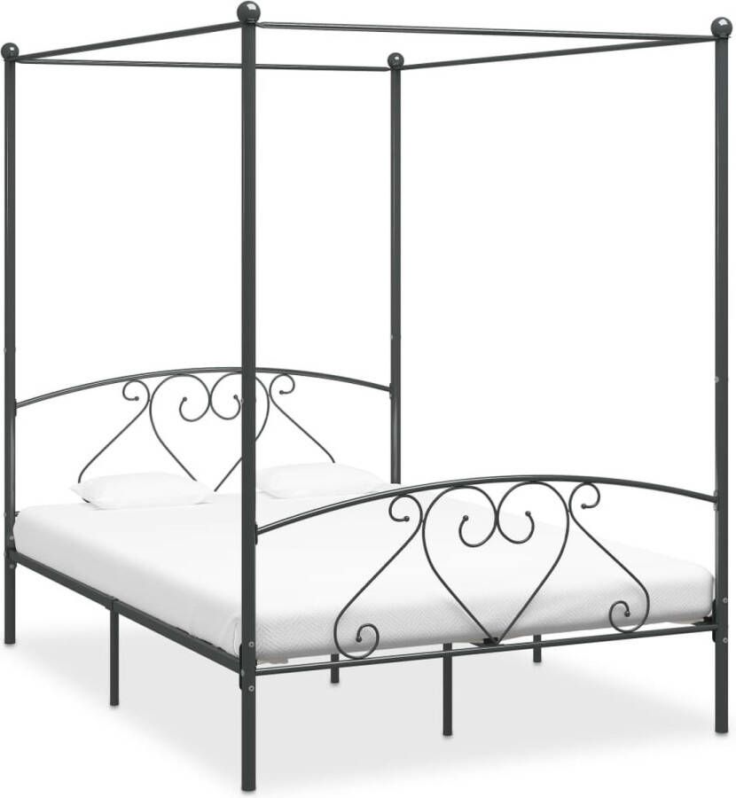 The Living Store Hemelbedframe Grijs Metaal 209 x 147.5 x 198 cm Massief en duurzaam Inclusief lattenbodem Geschikt voor matras 140 x 200 cm Hemelbed Metalen Bed Tweepersoonsbed Bedframe Hoofdbord