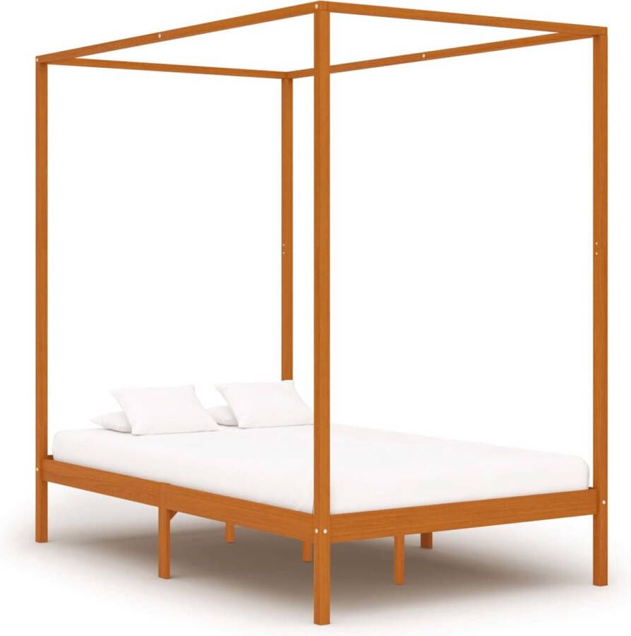 The Living Store Hemelbedframe Massief grenenhout 204x124x200 cm Honingbruin Hemelbed Massief Hout Bed Grenenhouten Bed Bruine Bed Tweepersoons Bed - Foto 2