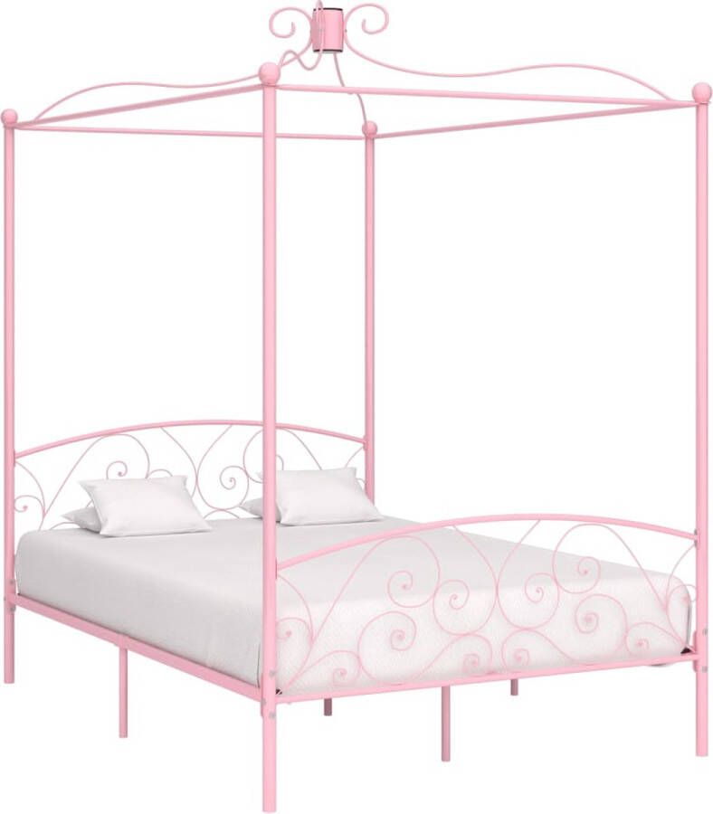 The Living Store Hemelbedframe Metaal 211x149x227 cm Roze Geschikt voor 140x200 cm matras Metalen Hemelbed Roos Kleurige Bed Tweepersoons Bed Slaapkamer Decoratie Vintage Bed