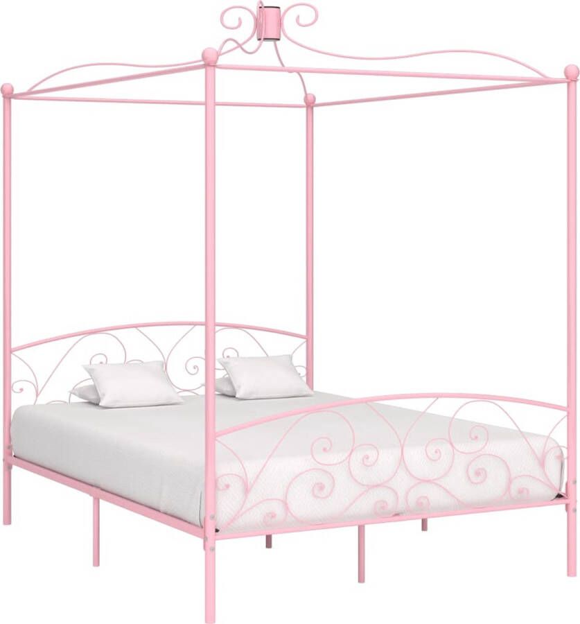 The Living Store Hemelbedframe Metaal 211 x 189 x 227 cm Roze Met verfijnd ontwerp Hemelbed Frame Rozenkleurig Bed Metalen Bedframe Tweepersoon Bed Hoofdbord - Foto 2