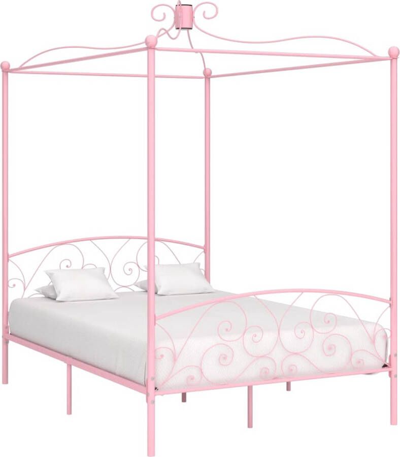 The Living Store Hemelbedframe Metaal Roze 211 x 129 x 227 cm 120 x 200 cm Montage vereist Hemelbed Metalen Bedframe Rozenkleurig Bed Kinderbed Tweepersoonsbed - Foto 2