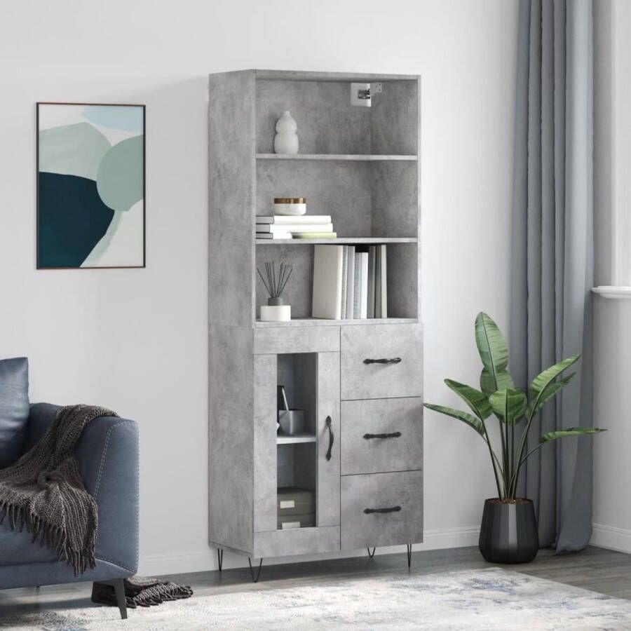 The Living Store Hoge kast 69 5x34x180 cm bewerkt hout betongrijs Hoge Kast Houten Kast Betongrijze Kast Opslagoplossing Woonkamerinrichting - Foto 2