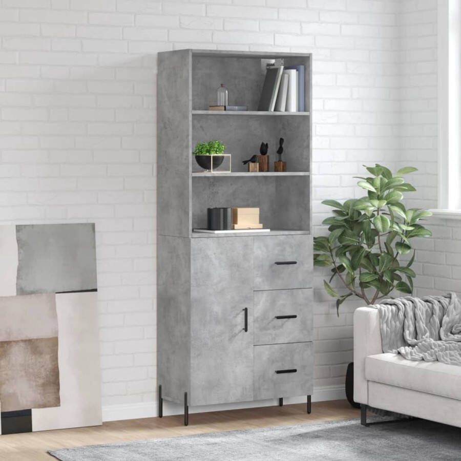 The Living Store Hoge Kast Betongrijs 69.5 x 34 x 180 cm Duurzaam houten meubelstuk met metalen voeten Veiligheidsinstructie- bevestig het aan de wand Schroeven en pluggen niet inbegrepen