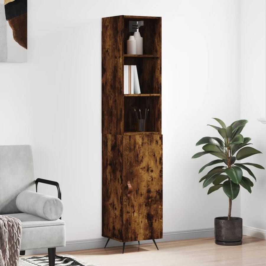 The Living Store Hoge kast 34 5x34x180 cm bewerkt hout gerookt eikenkleurig Hoge Kast Houten Kast Opbergkast Kast Met Deuren Vintage Kast