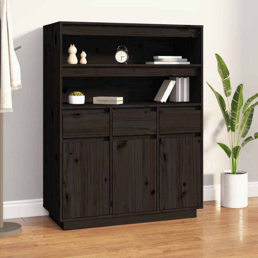 The Living Store Hoge Kast Massief Grenenhout Open Schappen Lades en Vakken Zwart 89x40x116.5cm