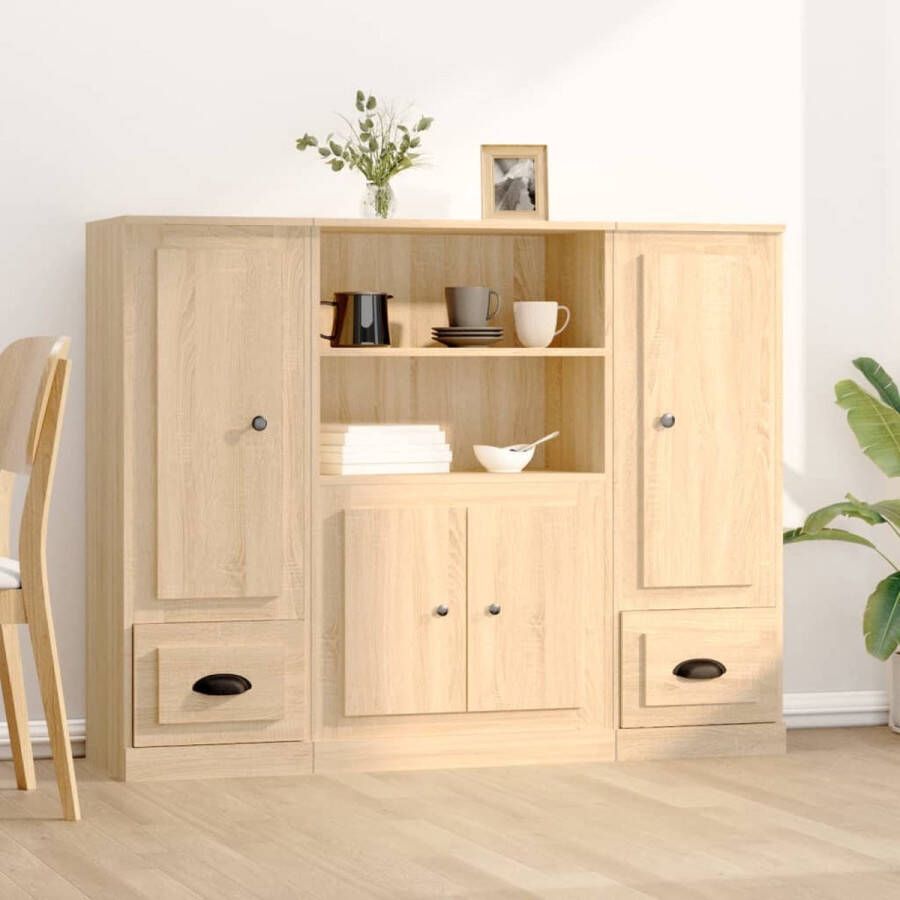 The Living Store Hoge kasten 3 st bewerkt hout sonoma eikenkleurig Hoge Kast Dressoir Houten Kast Scandinavisch Design Sonoma Eiken - Foto 2