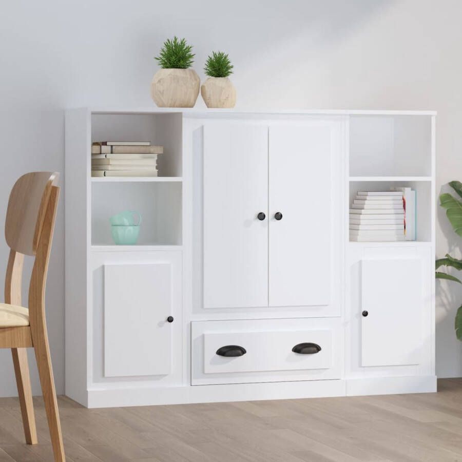 The Living Store Hoge kasten 3 st bewerkt hout wit Hoge Kast Witte Kast Houten Kast Scandinavisch Design Opbergkast - Foto 2
