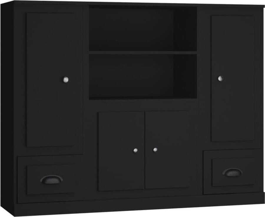 The Living Store Hoge kasten 3 st bewerkt hout zwart Hoge Kasten Houten Kasten Zwarte Kasten Opslagkasten Woonkamer Meubels - Foto 2