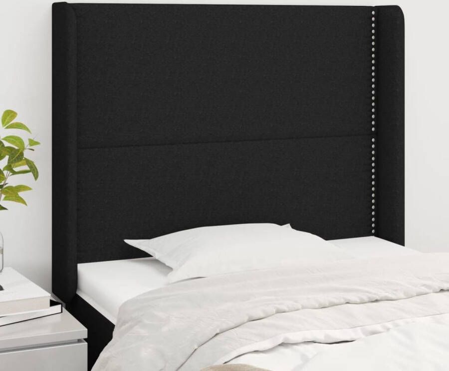 The Living Store Hoofdbord 103x16x118 128 cm Zwart Polyester Bewerkt hout Massief larikshout Hoofd Bord Hoofdkussen Beddecoratie Slaapkamers Zwarte Meubels - Foto 4