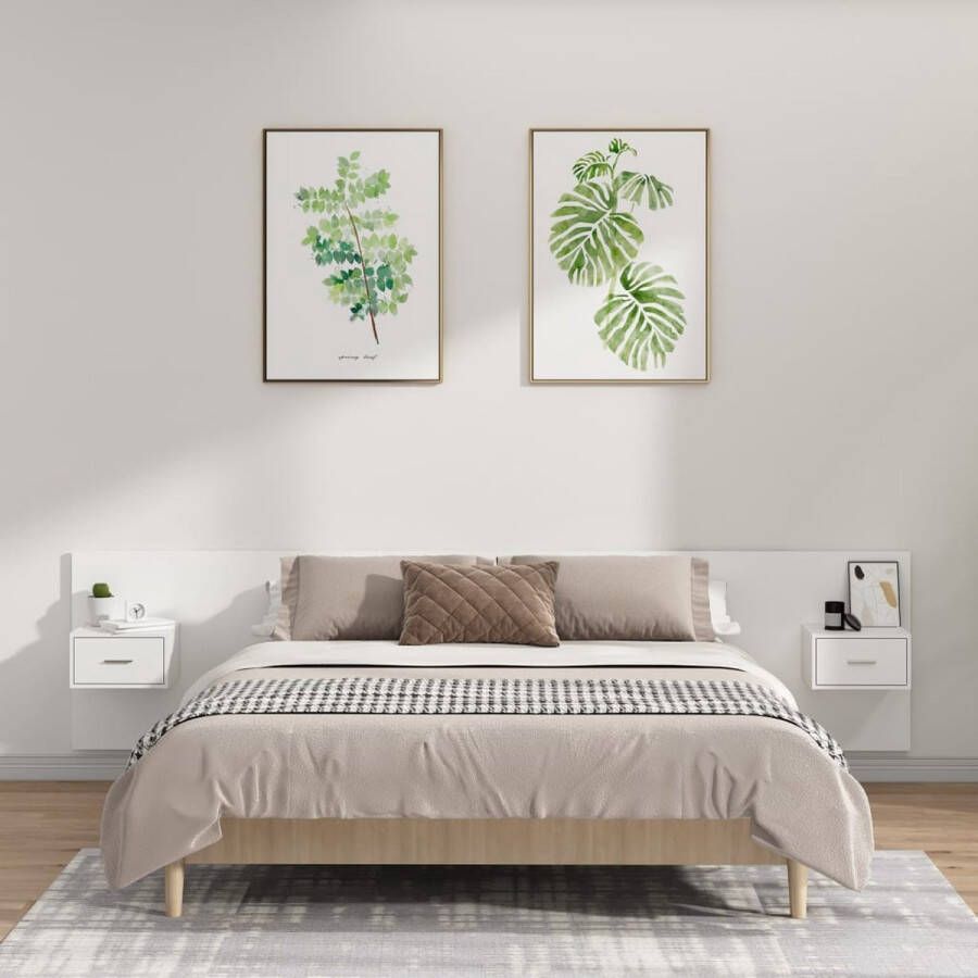 The Living Store Hoofdbord Bed Klassiek Design Stevig Materiaal Wandmontage Opbergruimte Kleur- Wit Afmetingen- 240x1.5x80cm Inclusief- 2x Nachtkastjes
