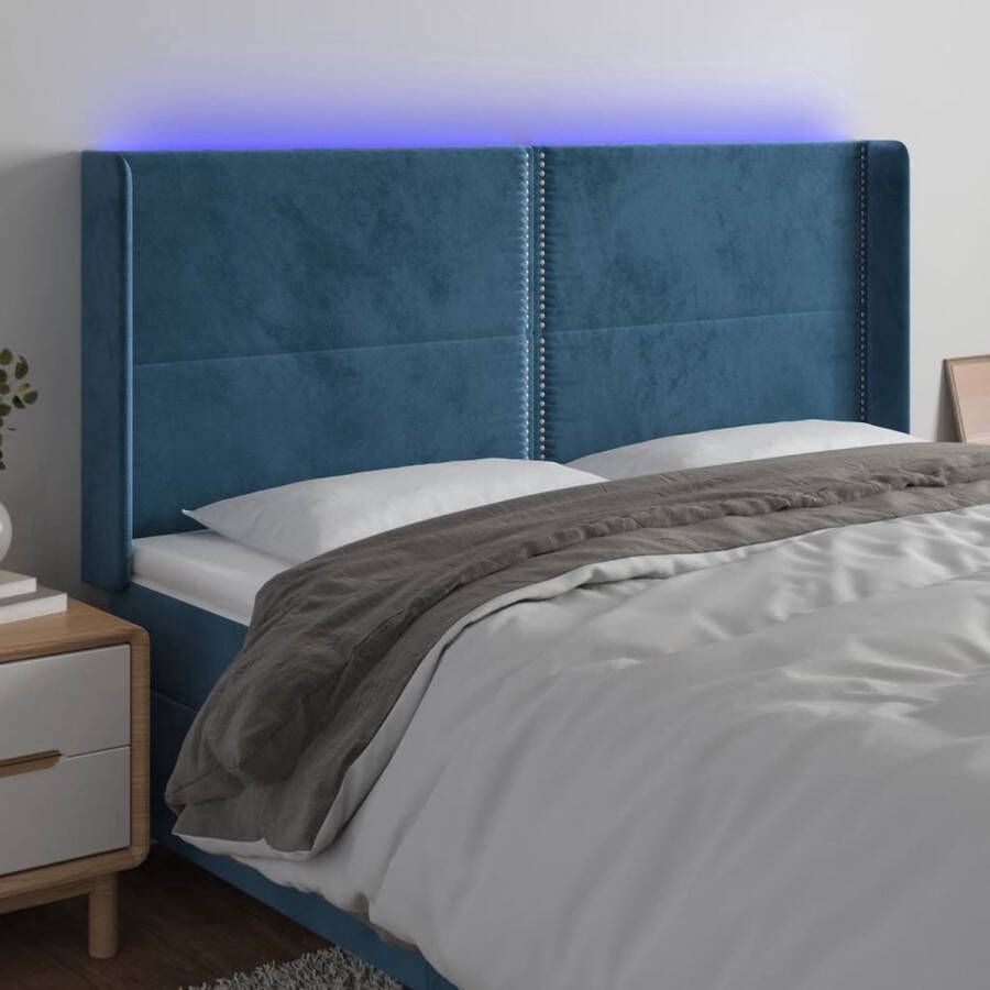 The Living Store Hoofdbord donkerblauw LED-licht verstelbaar fluweel 203x16x118 128 cm