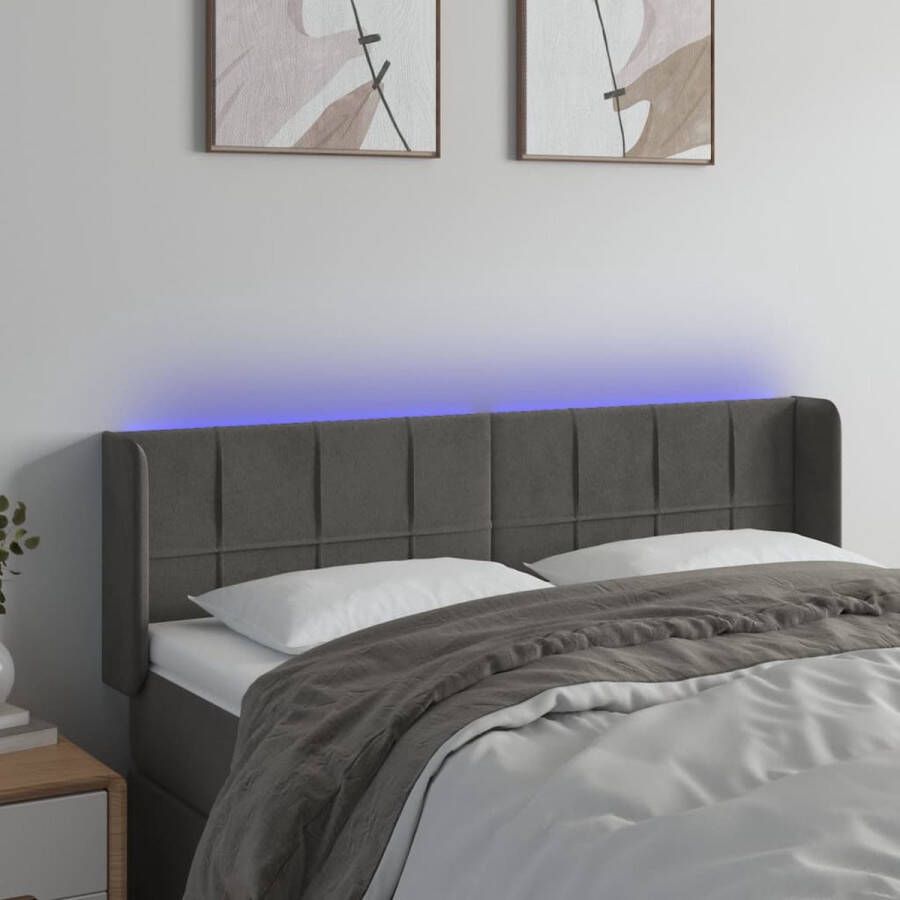 The Living Store Hoofdbord Donkergrijs LED-fluwelen Stof Verstelbaar Comfortabele Ondersteuning Snijdbare LED-strip 147x16x78 88 cm IP65 2 LED-strips