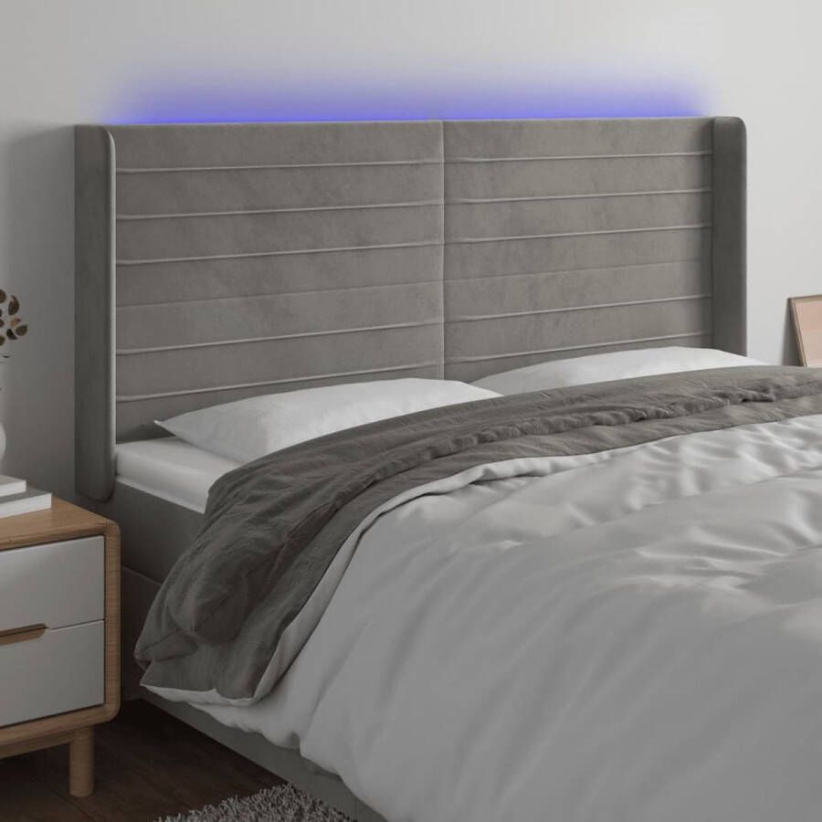 The Living Store Hoofdbord Fluweel LED Verlichting Verstelbaar Comfortabele Ondersteuning Snijdbare LED-strip Lichtgrijs 163x16x118 128cm