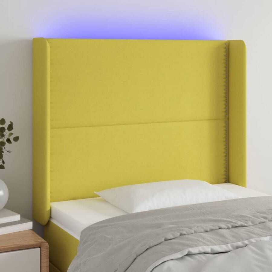 The Living Store Hoofdbord Groen Stof Hout 103x16x118 128 cm Verstelbare hoogte Comfortabele ondersteuning Snijdbare LED-strip