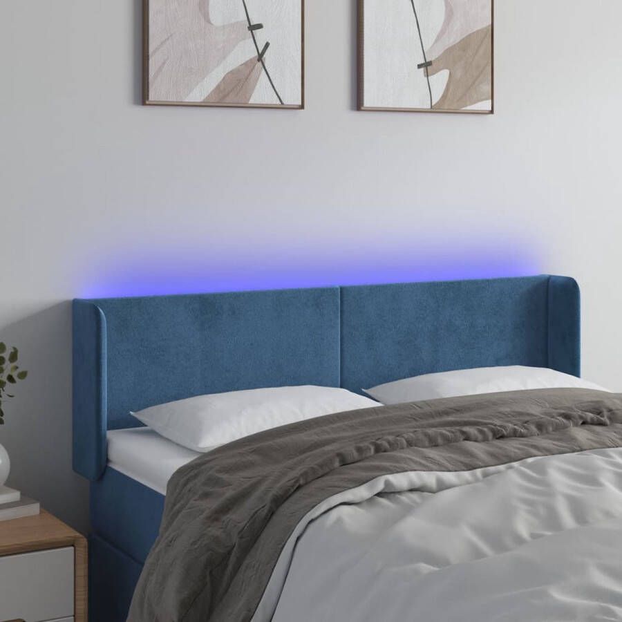 The Living Store Hoofdbord LED-Donkerblauw 147 x 16 x 78 88 cm Fluwelen stof Verstelbare hoogte Comfortabele ondersteuning Snijdbare LED-strip Montagehandleiding inbegrepen
