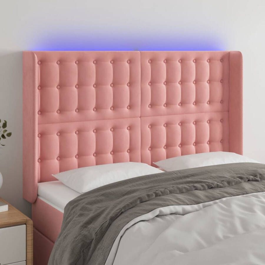The Living Store Hoofdbord LED Roze 147x16x118 cm Zacht fluweel verstelbare hoogte comfortabele ondersteuning snijdbare LED-strip 100% polyester