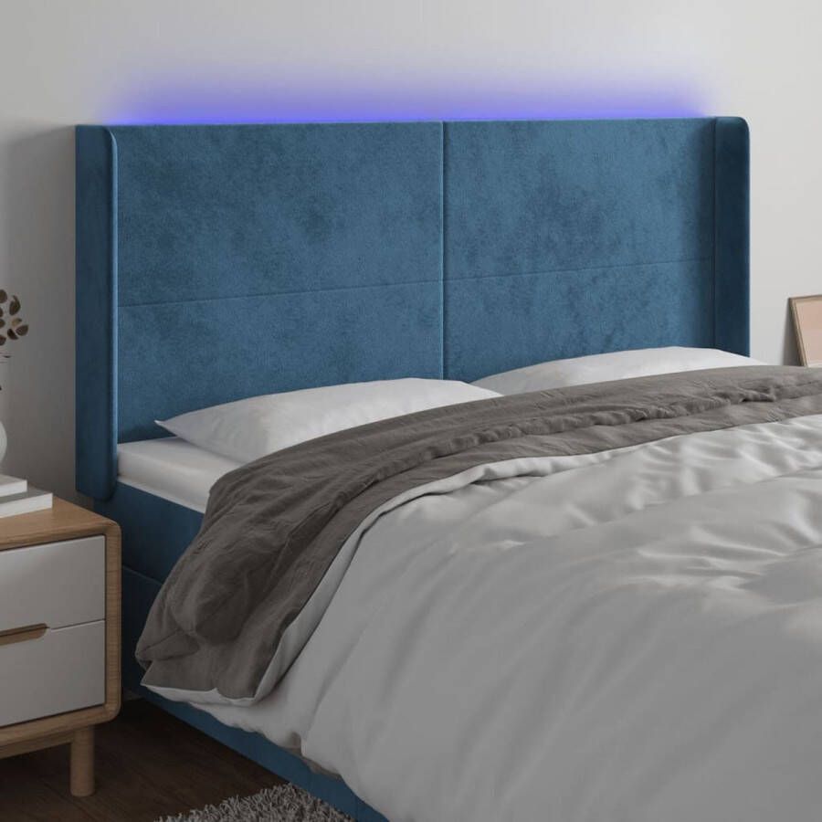 The Living Store Hoofdbord LED Zacht fluweel Verstelbare hoogte Comfortabele ondersteuning Snijdbare LED-strip Donkerblauw 203 x 16 x 118 128 cm