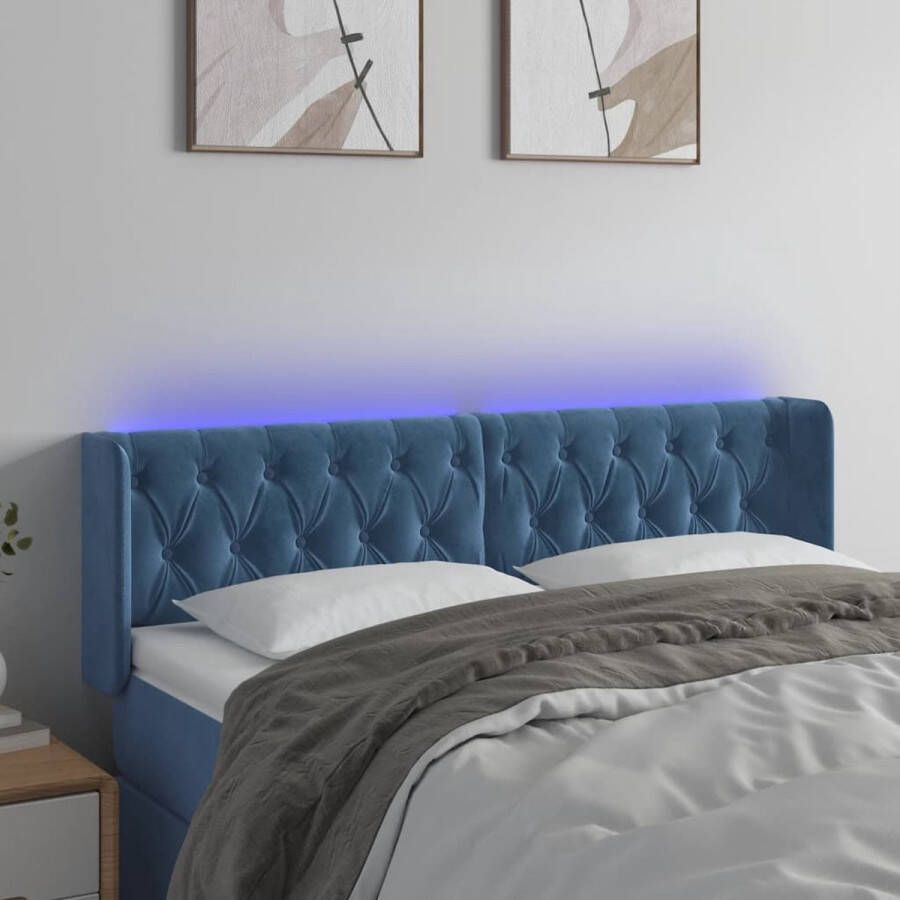 The Living Store Hoofdbord LED Zacht fluweel Verstelbare hoogte Comfortabele ondersteuning Snijdbare LED-strip Donkerblauw 147 x 16 x 78 88 cm 2 LED-strips