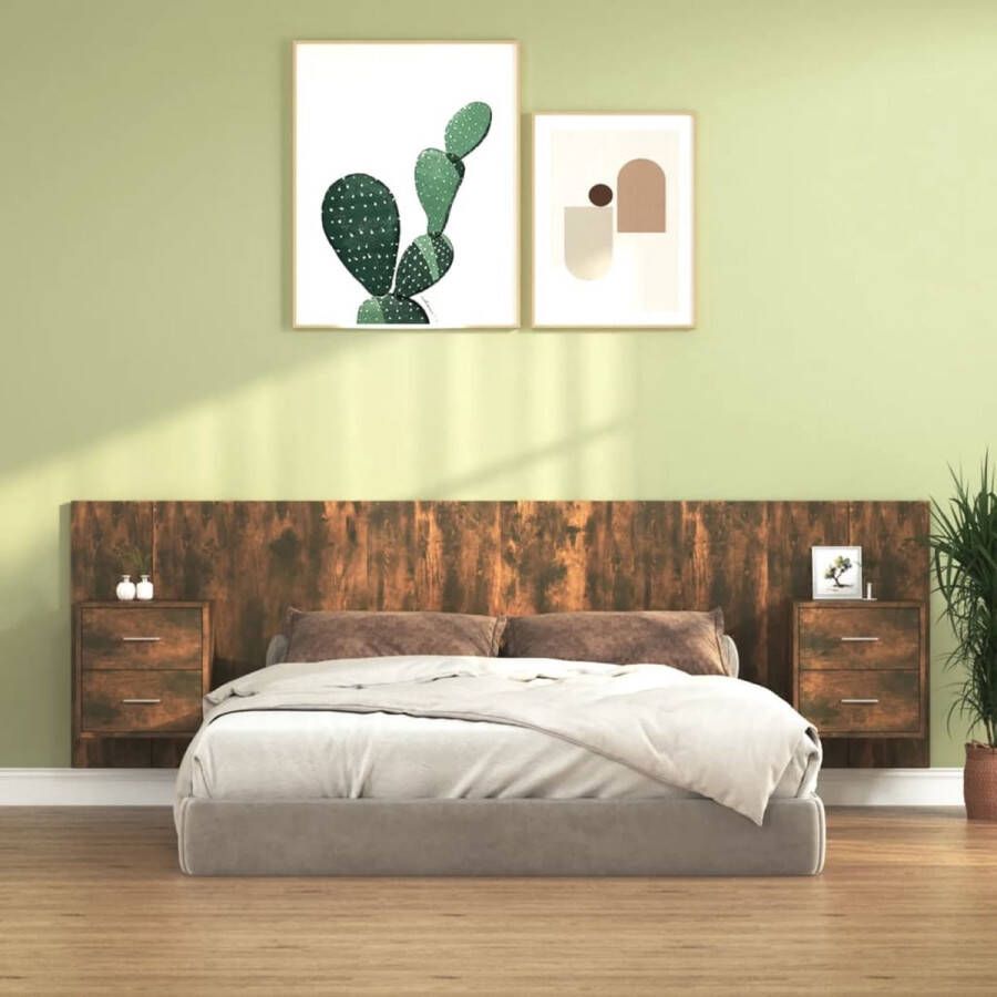 The Living Store Hoofdbord met kastjes bewerkt hout gerookt eikenkleurig Bedonderdeel