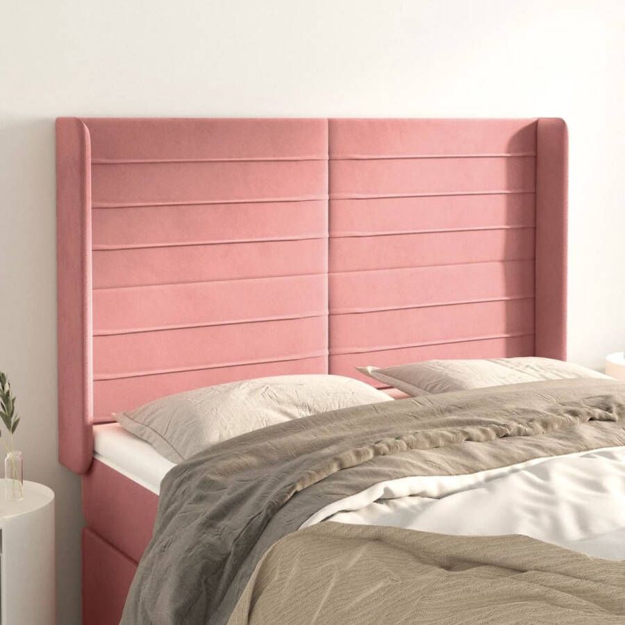 The Living Store Hoofdbord met randen 147x16x118 128 cm fluweel roze Bedonderdeel