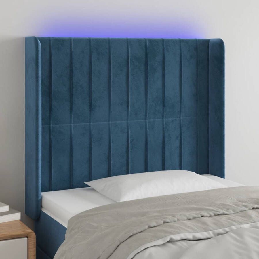 The Living Store Hoofdbord met Randen LED Fluweel Verstelbare Hoogte Comfortabele Ondersteuning Snijdbare LED-strip Donkerblauw 83x16x118 128 cm
